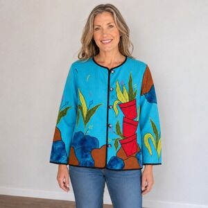 Julia Kim Vintage Wearable Art Jacket Womens M Applique Embroidered Turquoise